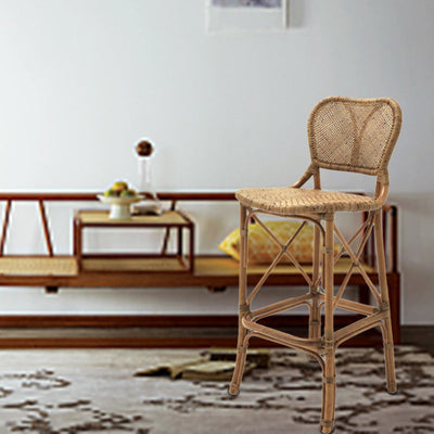 Traditioneller japanischer rechteckiger Barhocker aus Rattanholz mit Rückenlehne für das Wohnzimmer 