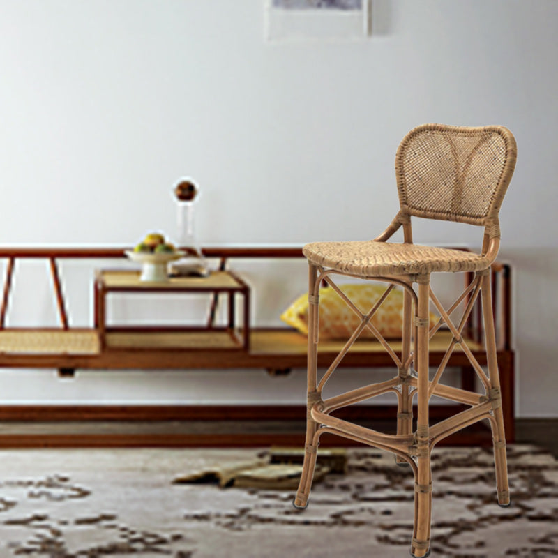 Traditioneller japanischer rechteckiger Barhocker aus Rattanholz mit Rückenlehne für das Wohnzimmer 