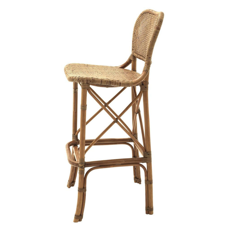 Traditioneller japanischer rechteckiger Barhocker aus Rattanholz mit Rückenlehne für das Wohnzimmer 