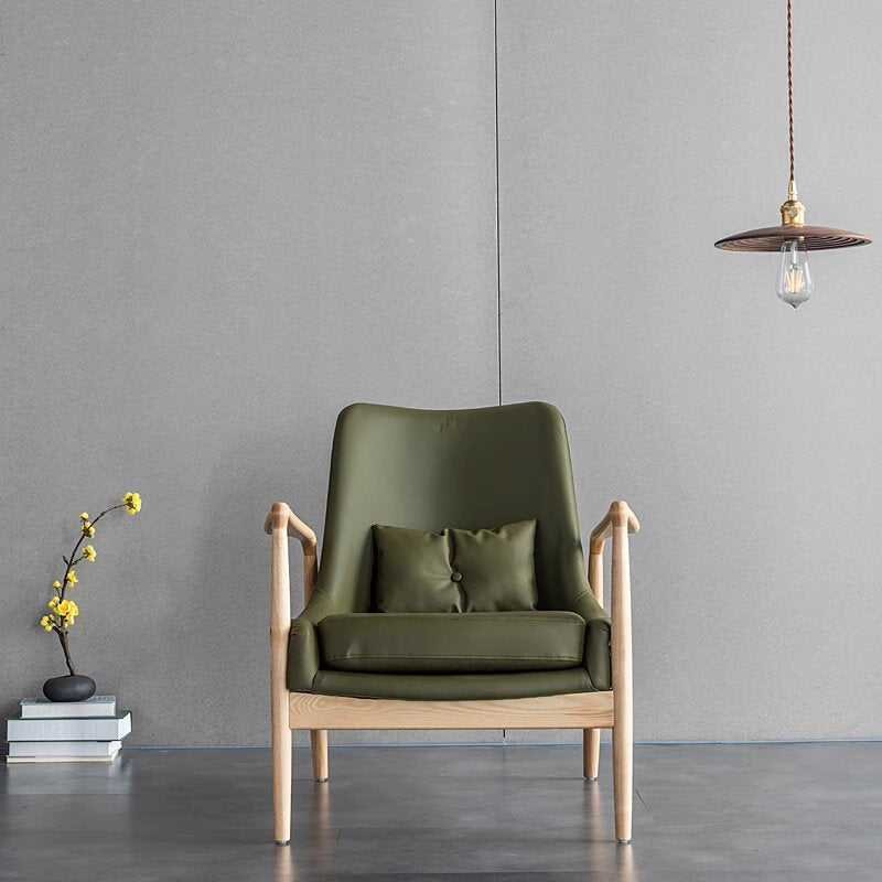 Silla de acento rectangular de madera y cuero nórdica contemporánea con respaldo y reposabrazos para sala de estar 