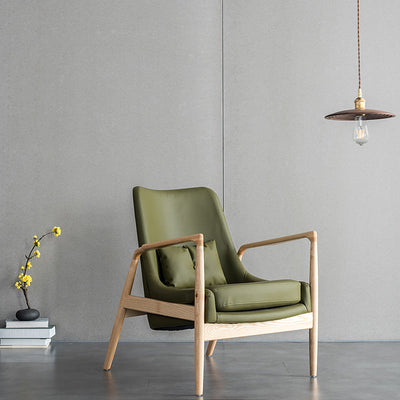 Silla de acento rectangular de madera y cuero nórdica contemporánea con respaldo y reposabrazos para sala de estar 