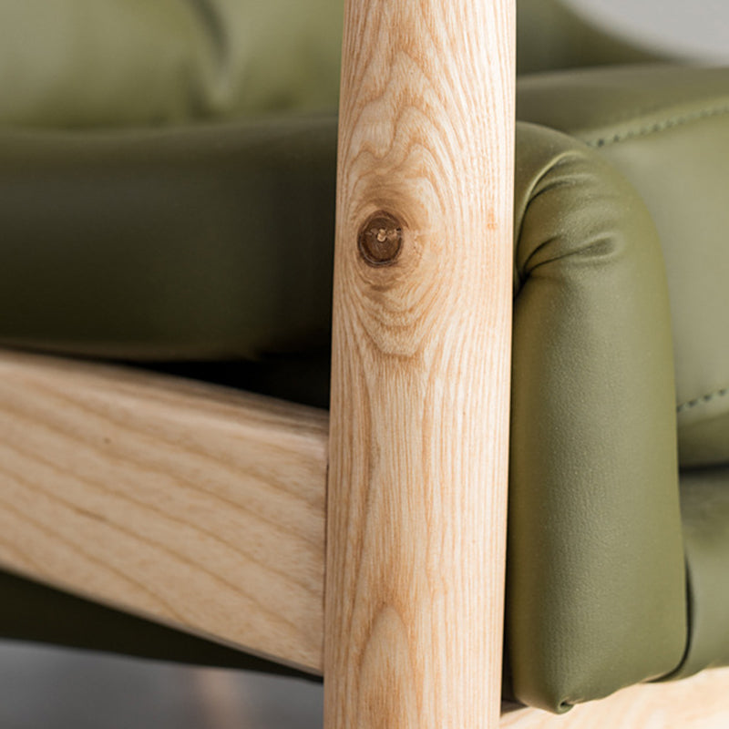 Silla de acento rectangular de madera y cuero nórdica contemporánea con respaldo y reposabrazos para sala de estar 