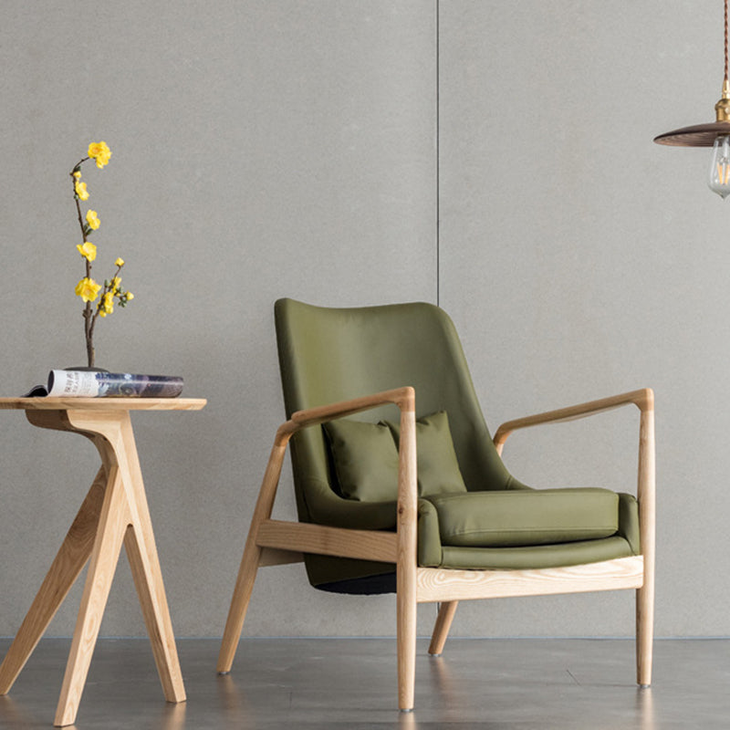 Silla de acento rectangular de madera y cuero nórdica contemporánea con respaldo y reposabrazos para sala de estar 