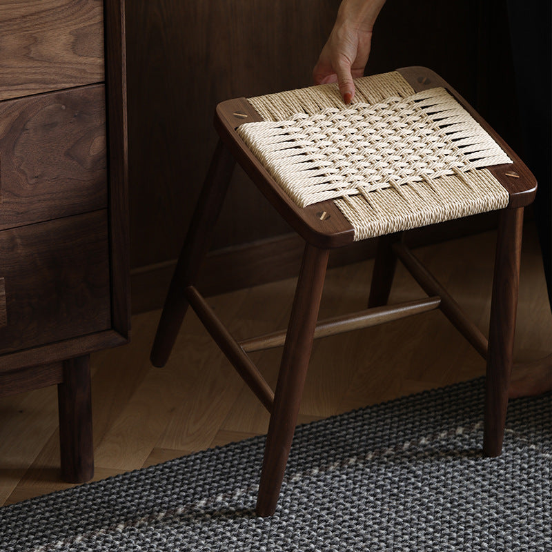 Contemporary Scandinavian Rectangular Wood Rope Chair Backless Armless For Living Room
