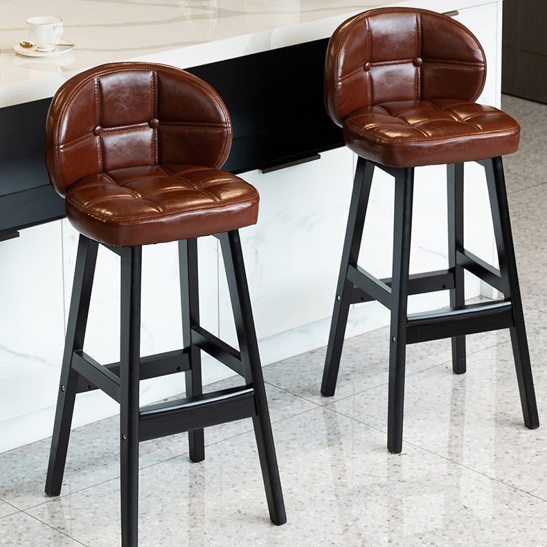 Taburete de bar redondo de lujo contemporáneo en tela, cuero sintético encerado al aceite y madera de caucho, con respaldo bajo y reposapiés, para comedor 