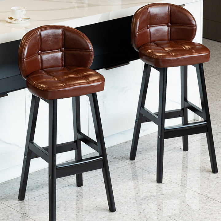 Taburete de bar redondo de lujo contemporáneo en tela, cuero sintético encerado al aceite y madera de caucho, con respaldo bajo y reposapiés, para comedor 