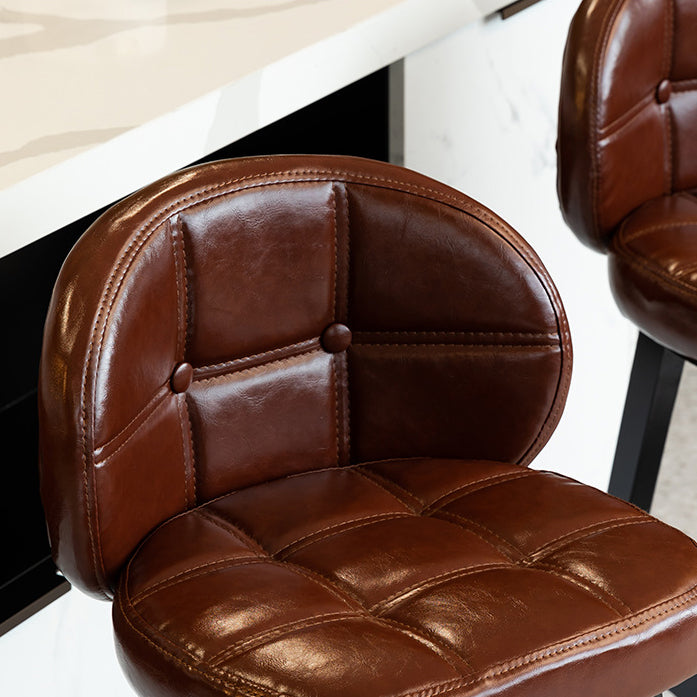 Taburete de bar redondo de lujo contemporáneo en tela, cuero sintético encerado al aceite y madera de caucho, con respaldo bajo y reposapiés, para comedor 
