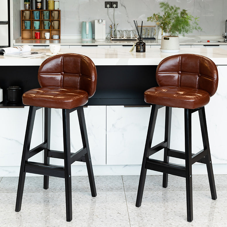 Taburete de bar redondo de lujo contemporáneo en tela, cuero sintético encerado al aceite y madera de caucho, con respaldo bajo y reposapiés, para comedor 