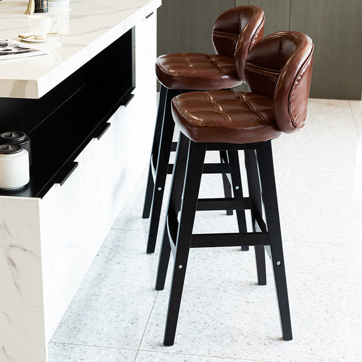 Taburete de bar redondo de lujo contemporáneo en tela, cuero sintético encerado al aceite y madera de caucho, con respaldo bajo y reposapiés, para comedor 