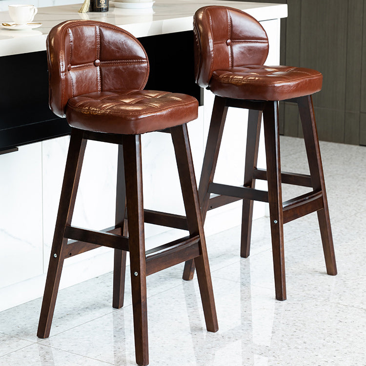 Taburete de bar redondo de lujo contemporáneo en tela, cuero sintético encerado al aceite y madera de caucho, con respaldo bajo y reposapiés, para comedor 