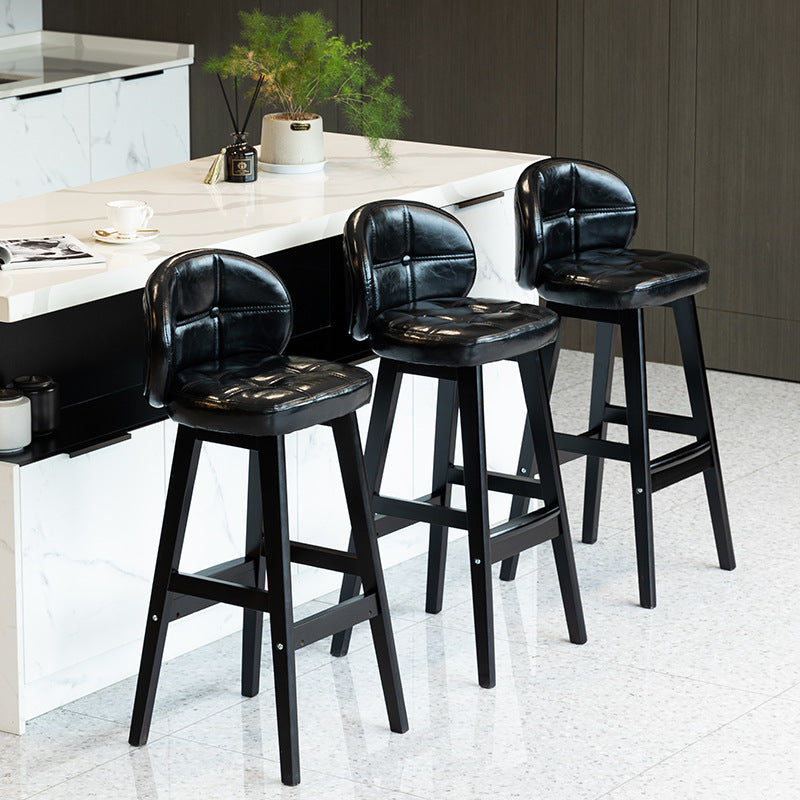 Taburete de bar redondo de lujo contemporáneo en tela, cuero sintético encerado al aceite y madera de caucho, con respaldo bajo y reposapiés, para comedor 