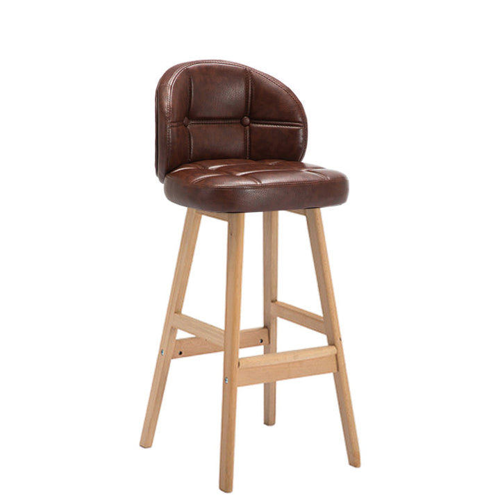 Taburete de bar redondo de lujo contemporáneo en tela, cuero sintético encerado al aceite y madera de caucho, con respaldo bajo y reposapiés, para comedor 