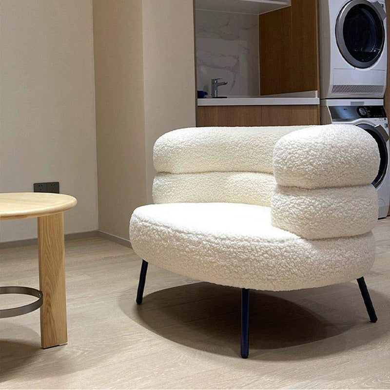 Taburete de tocador redondo contemporáneo nórdico de lana de cordero con respaldo de metal para dormitorio 