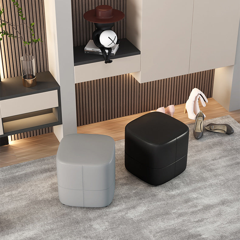 Modern Minimalist Square Leather Upholstered Wood Low Stool For Living Room