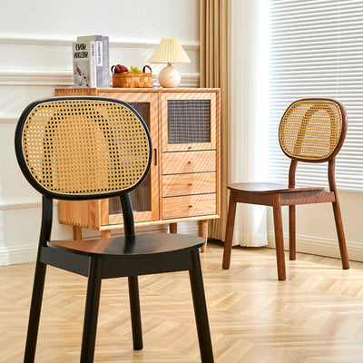 Moderner minimalistischer quadratischer gebogener Holz-Rattan-Esszimmerstuhl mit Rückenlehne für das Esszimmer 