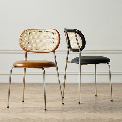 Chaise de salle à manger contemporaine nordique en rotin carré avec dossier en fer et cuir PU rembourré 