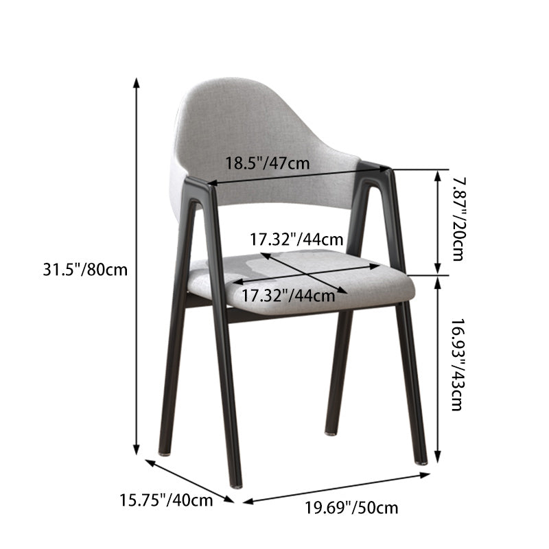 Silla de comedor contemporánea nórdica cuadrada tapizada con estructura de hierro y lino, respaldo curvado y reposabrazos para comedor 