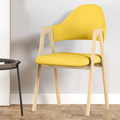 Silla de comedor contemporánea nórdica cuadrada tapizada con estructura de hierro y lino, respaldo curvado y reposabrazos para comedor 