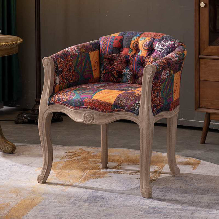 Chaise d'accent en bois massif avec tissu vintage traditionnel carré demi-rond, dossier et accoudoirs pour salon 