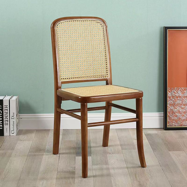 Contemporary Scandinavian Rattan Rubberwood Rectangular Square Lattice Dining Chair Back For Dining Room