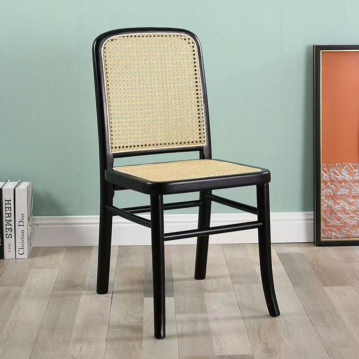 Chaise de salle à manger en rotin scandinave contemporain en bois massif rectangulaire à dos carré à treillis pour salle à manger 