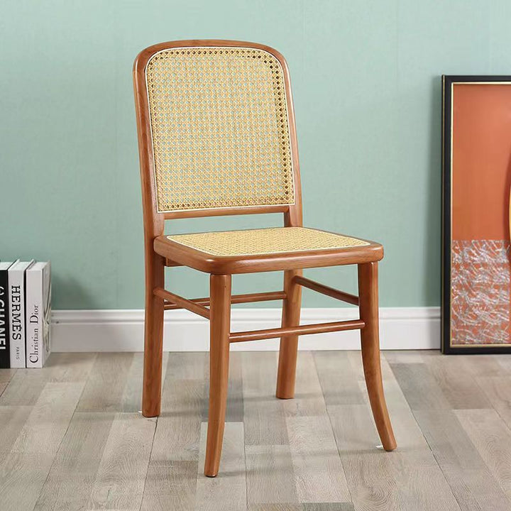 Contemporary Scandinavian Rattan Rubberwood Rectangular Square Lattice Dining Chair Back For Dining Room