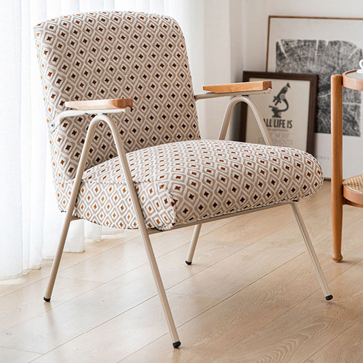 Chaise d'accent traditionnelle française carrée en velours rembourré avec pieds en fer en forme de V, dossier et accoudoirs pour le salon 