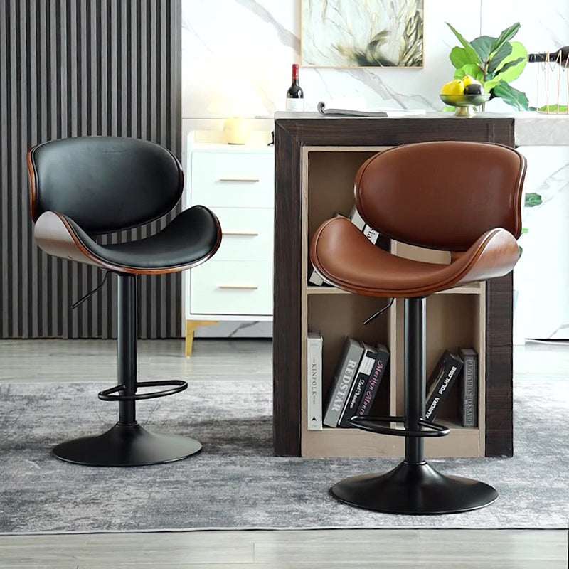 Tabouret de bar réglable en hauteur avec dossier et repose-pieds en cuir courbé et bois de simplicité moderne pour salle à manger 