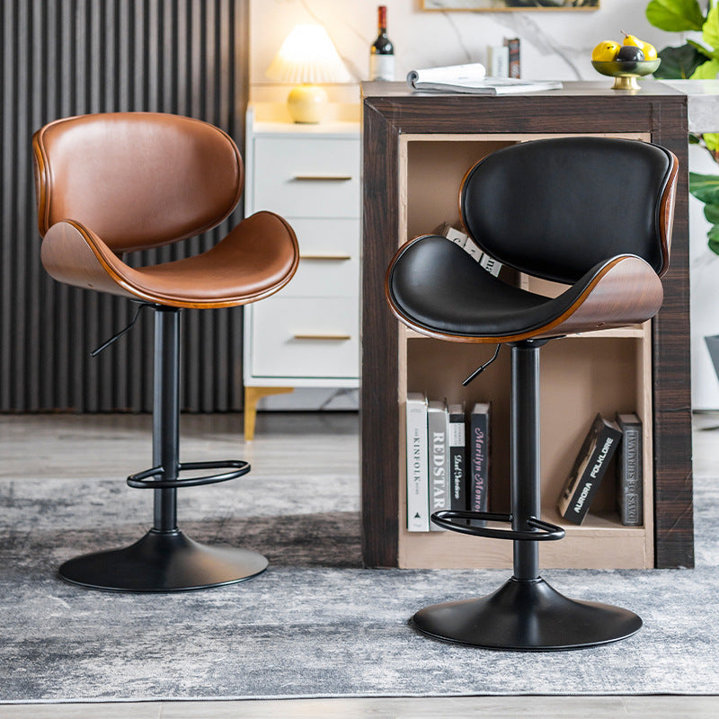Tabouret de bar réglable en hauteur avec dossier et repose-pieds en cuir courbé et bois de simplicité moderne pour salle à manger 