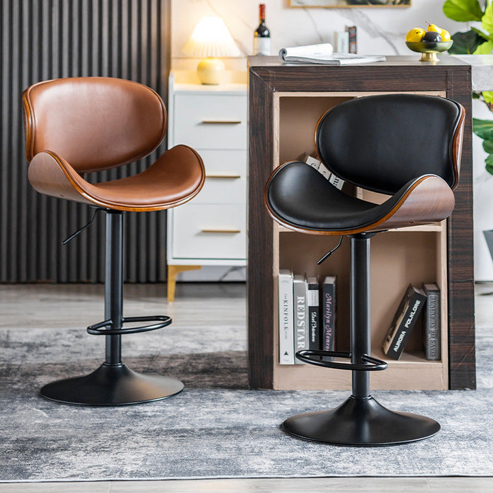 Tabouret de bar réglable en hauteur avec dossier et repose-pieds en cuir courbé et bois de simplicité moderne pour salle à manger 