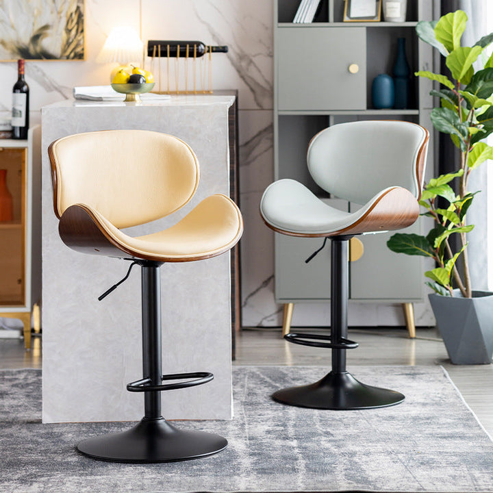 Tabouret de bar réglable en hauteur avec dossier et repose-pieds en cuir courbé et bois de simplicité moderne pour salle à manger 