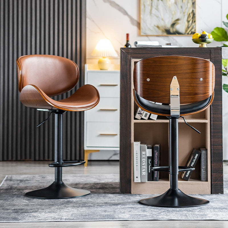 Tabouret de bar réglable en hauteur avec dossier et repose-pieds en cuir courbé et bois de simplicité moderne pour salle à manger 