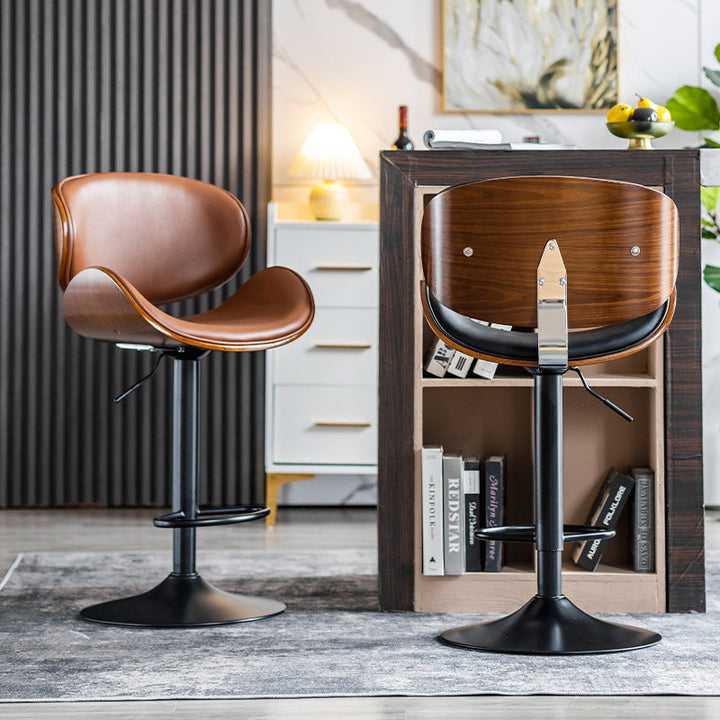 Tabouret de bar réglable en hauteur avec dossier et repose-pieds en cuir courbé et bois de simplicité moderne pour salle à manger 