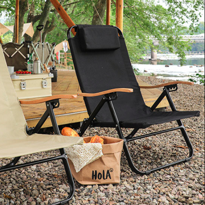 Chaise de camping pliable contemporaine en tissu Oxford carré avec cadre en acier au carbone, dossier et accoudoir en bois pour terrasse extérieure 