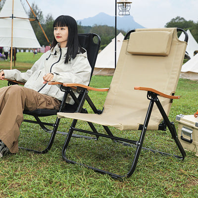 Chaise de camping pliable contemporaine en tissu Oxford carré avec cadre en acier au carbone, dossier et accoudoir en bois pour terrasse extérieure 