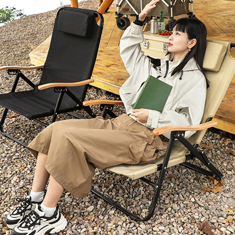 Chaise de camping pliable contemporaine en tissu Oxford carré avec cadre en acier au carbone, dossier et accoudoir en bois pour terrasse extérieure 