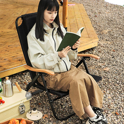 Chaise de camping pliable contemporaine en tissu Oxford carré avec cadre en acier au carbone, dossier et accoudoir en bois pour terrasse extérieure 