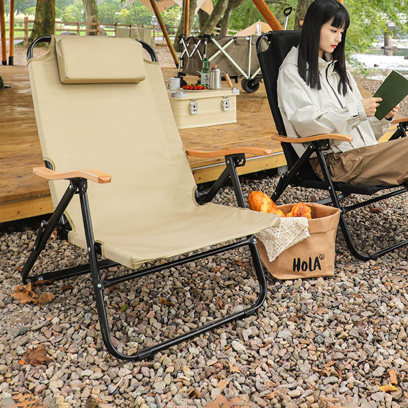 Chaise de camping pliable contemporaine en tissu Oxford carré avec cadre en acier au carbone, dossier et accoudoir en bois pour terrasse extérieure 
