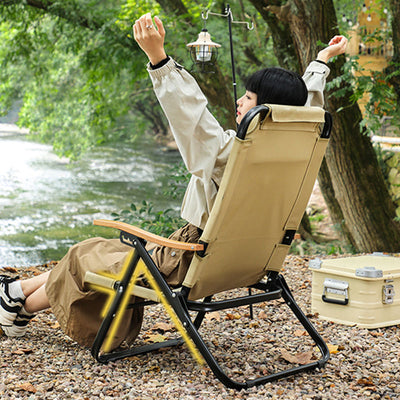 Chaise de camping pliable contemporaine en tissu Oxford carré avec cadre en acier au carbone, dossier et accoudoir en bois pour terrasse extérieure 