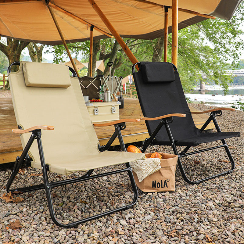 Chaise de camping pliable contemporaine en tissu Oxford carré avec cadre en acier au carbone, dossier et accoudoir en bois pour terrasse extérieure 