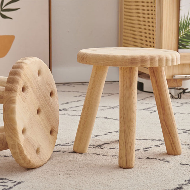 Contemporary Creative Biscuit Solid Wood Round Low Stool For Living Room