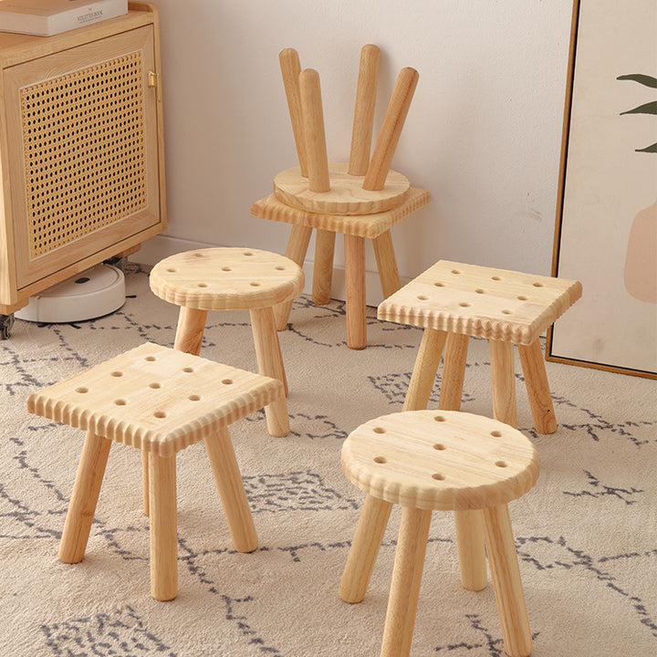 Contemporary Creative Biscuit Rubberwood Round Kids Low Stool For Living Room