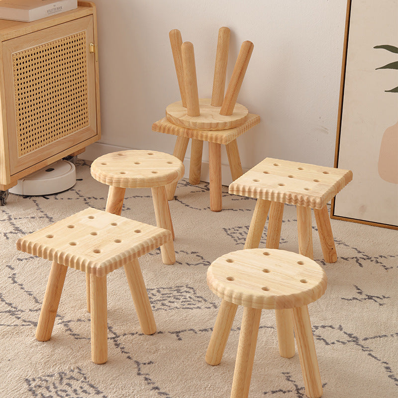 Contemporary Creative Biscuit Solid Wood Round Low Stool For Living Room