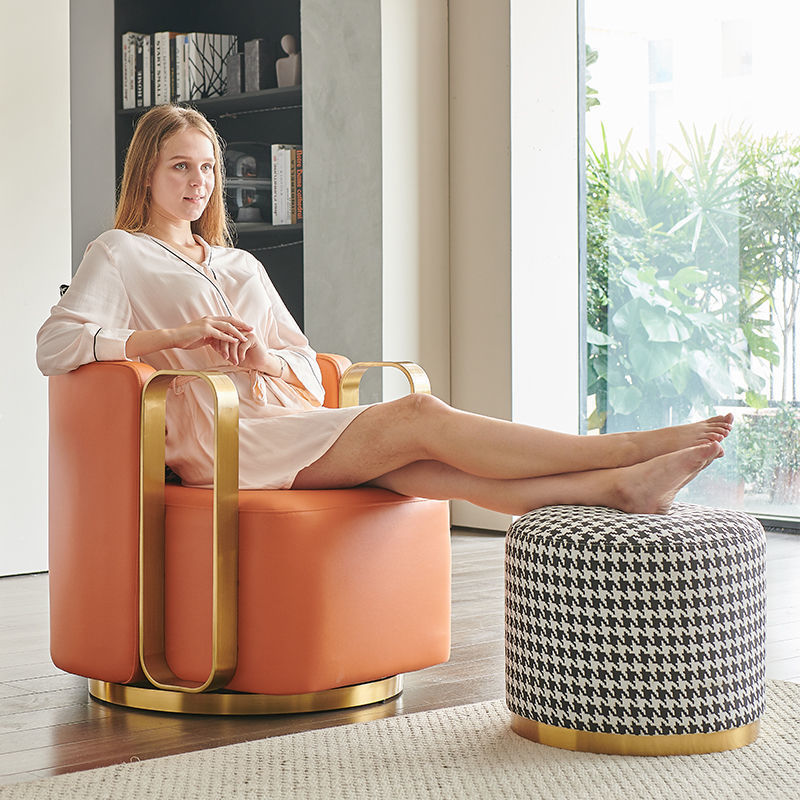 Contemporary Scandinavian Round Nappa Leather Swivel Accent Chair Backrest For Living Room