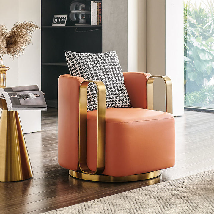 Silla giratoria contemporánea escandinava de cuero nappa redonda con respaldo para sala de estar 