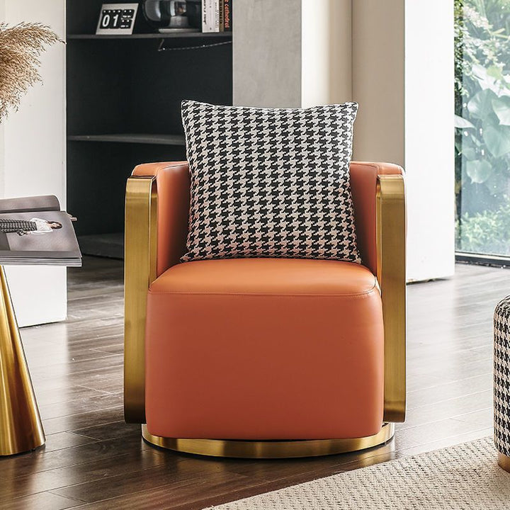 Silla giratoria contemporánea escandinava de cuero nappa redonda con respaldo para sala de estar 