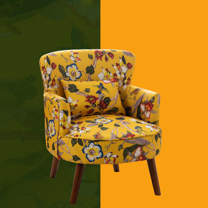 Traditional French Flower Patterned Cotton Linen Plywood Upholstered Accent Chair Backrest Armrest For Living Room