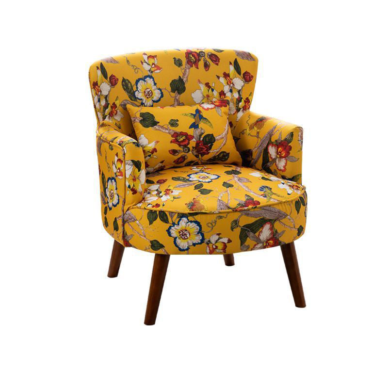 Traditional French Flower Patterned Cotton Linen Plywood Upholstered Accent Chair Backrest Armrest For Living Room