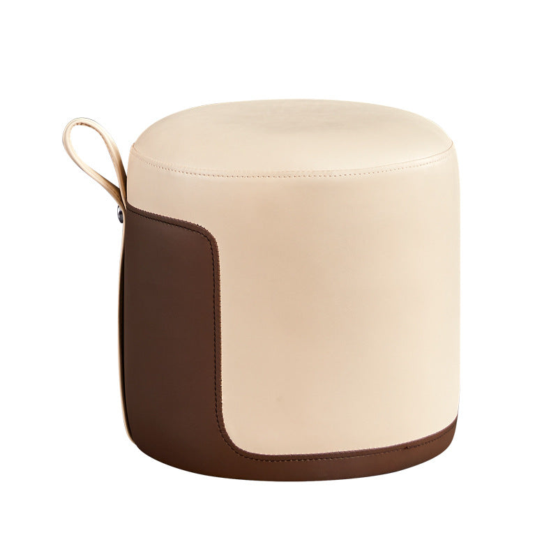 Contemporary Scandinavian Round Leather Solid Wood Frame Portable Low Stool For Bedroom