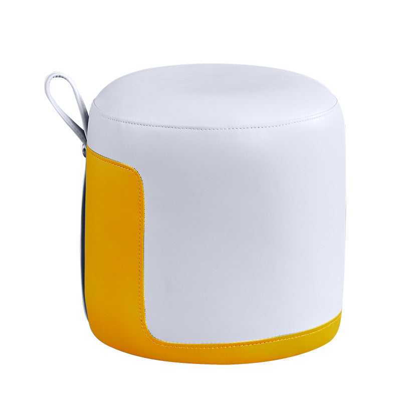 Contemporary Scandinavian Round Leather Solid Wood Frame Portable Low Stool For Bedroom